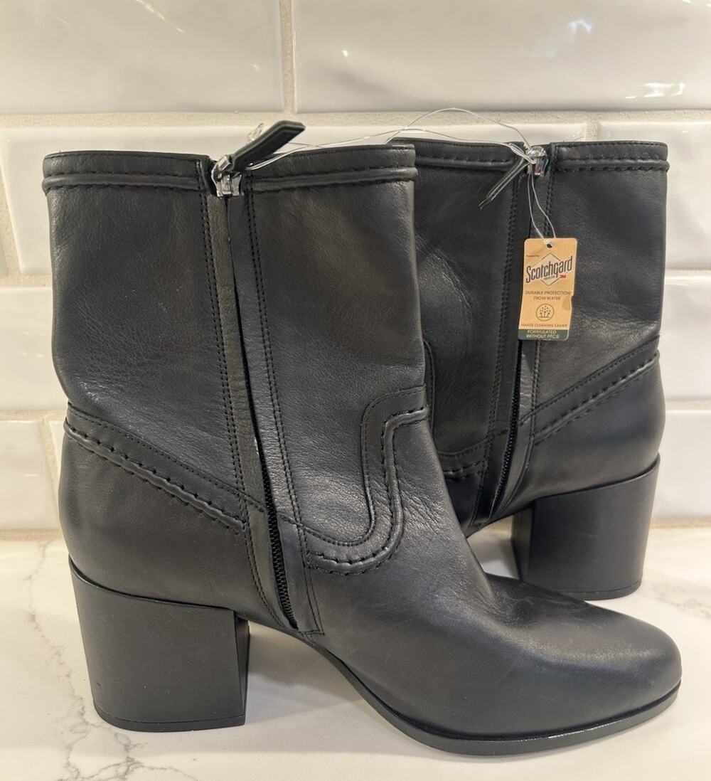 NWT Vince Camuto Pailey Booties Black Leather Mid-shaft Block Heel Boots Sz 9.5M
